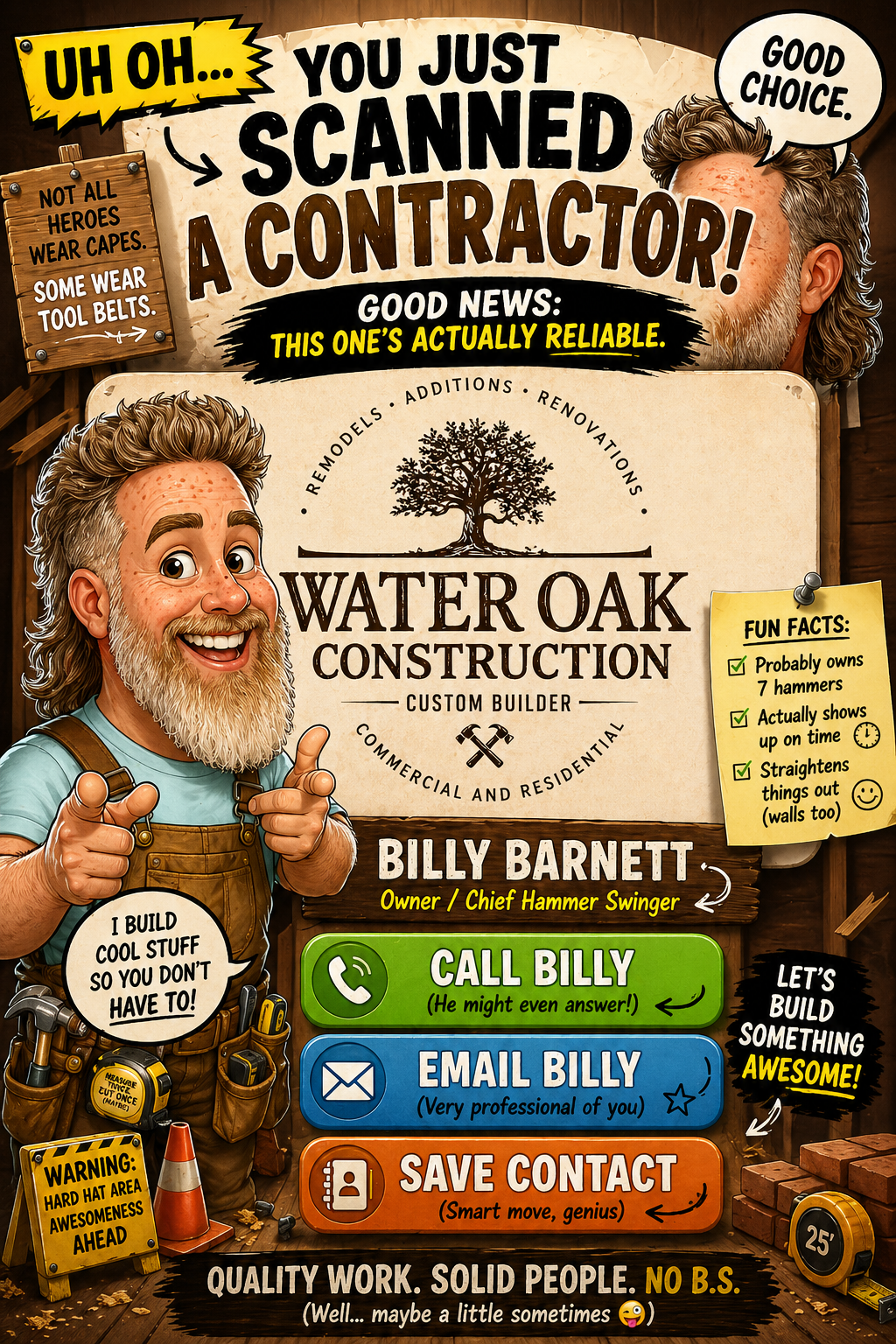 Funny cartoon contact card for Billy Barnett at Water Oak Construction